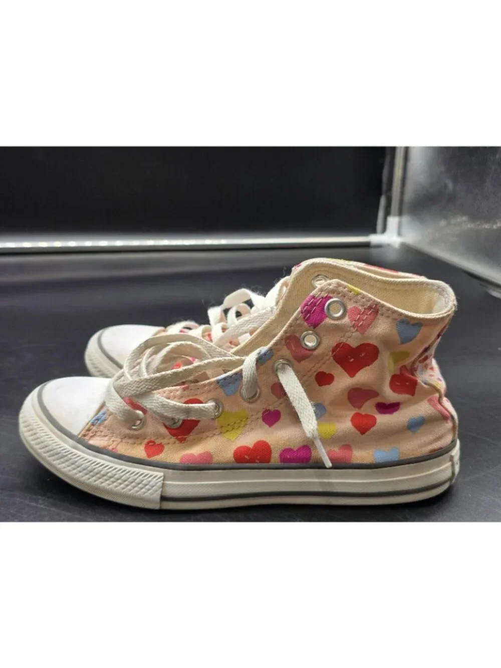 Converse All Star Shoes Kids Size 2 Pink Heart High Top Sneakers Damage Stains